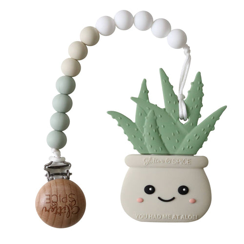 Aloe Plant Teether - Sandy Gray: Teether with clip